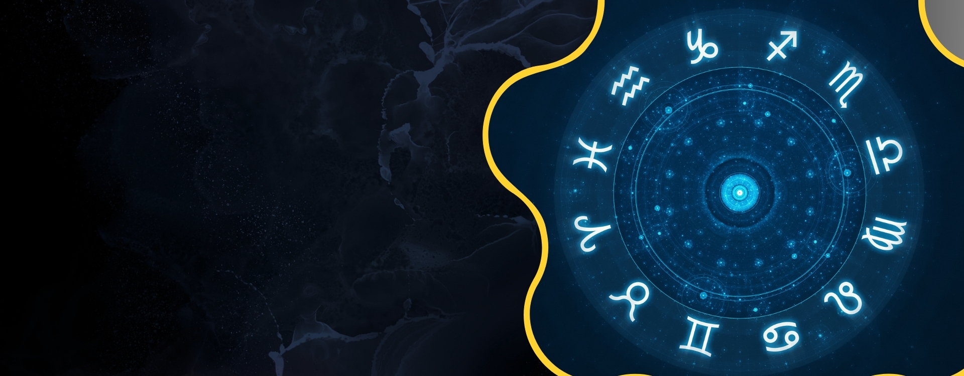 Luxury astrologer beside a glowing golden zodiac wheel under a galaxy sky